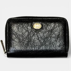Gucci Black Grained Leather Zip Wallet Iconic Interlocking GG w/Storage Box